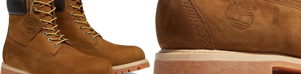First image: Timberland shoes on a white background. Second image: Close-up of the back detail of Timberland shoes.
